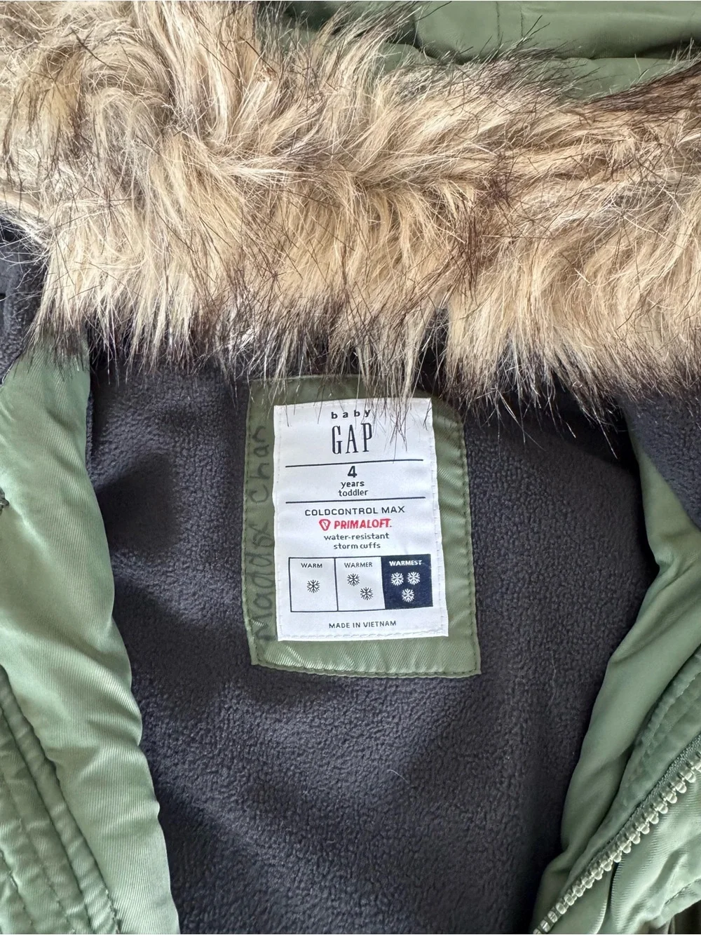 GAP Kids Olive Green Hooded Winter Coat with Faux Fur Trim